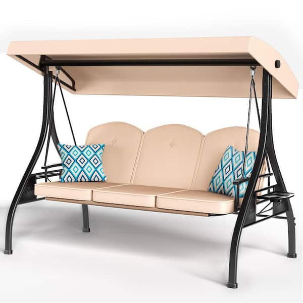 3-Seat Patio Porch Swing Outdoor with Stand Adjustable Canopy Khaqi