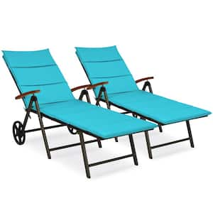 2-Piece Folding Wicker Outdoor Chaise Lounge Chair Cushioned Recliner with Wheels and Turquoise Cushion