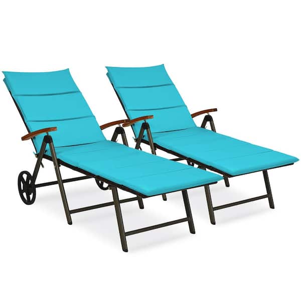 HONEY JOY 2-Piece Folding Wicker Outdoor Chaise Lounge Chair Cushioned Recliner with Wheels and Turquoise Cushion