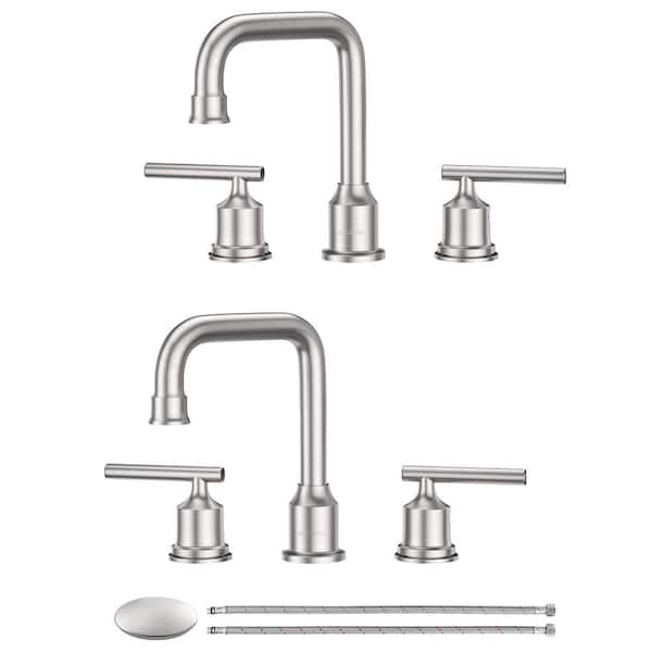 WOWOW 8 in. Widespread Double Handle Bathroom Faucet 3 Hole with Pop Up Drain and cUPC Hose in Brushed Nickel (2 Packs)