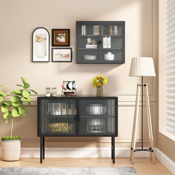 FUNKOL 5.91-in W x 23.62-in D x 27.56-in H in Black Iron Ready to Assemble Wall Kitchen Cabinet with Mirror
