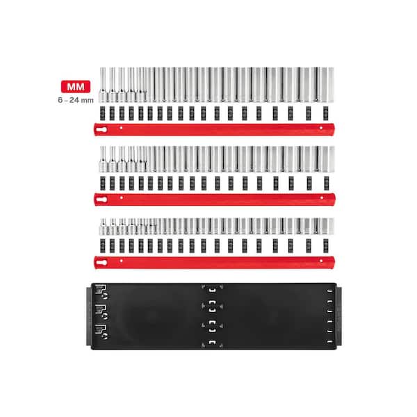 3/8 Inch Drive Shallow, Semi-Deep, and Deep 12-Point Socket Set with Rails and Trays, 57-Piece (6-24 mm)