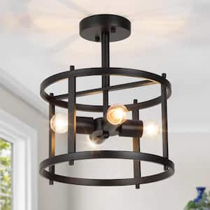 Black Semi Flush Mount Rustic 4-Light Drum Farmhouse Ceiling Lights Bronze Bedroom Ceiling Light Fixtures