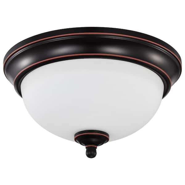 SATCO 10.88 in. 19-Watt Mahogany Bronze Integrated LED Center Lock Flush Mount with Frost Glass Shade