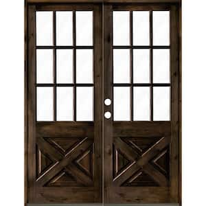 64 in. x 96 in. Knotty Alder 2 Panel Right-Hand/Inswing 1/2 Lite Clear Glass Black Stain Double Wood Prehung Front Door