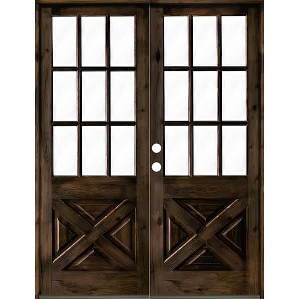 Krosswood Doors 64 in. x 96 in. Knotty Alder 2 Panel Right-Hand/Inswing 1/2 Lite Clear Glass Black Stain Double Wood Prehung Front Door