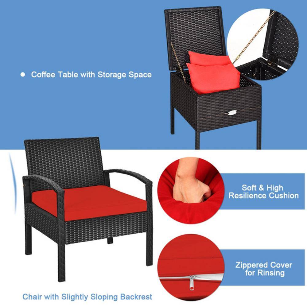 Red Cushioned Black Rattan 2-Person Patio Conversation Set