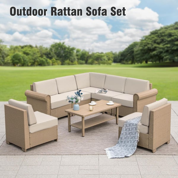8-Piece Wicker Outdoor Patio Conversation Set with a Coffee Table and Beige Cushions