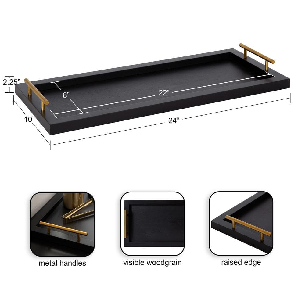 Elegant Black and Gold Rectangular Wooden Tray with Polished Handles, 24x10