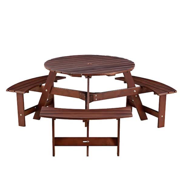 Sudzendf 63 in. Brown Round Wood and Metal Picnic Table Seats 6-People with 3 Built-in Benches, Umbrella Hole
