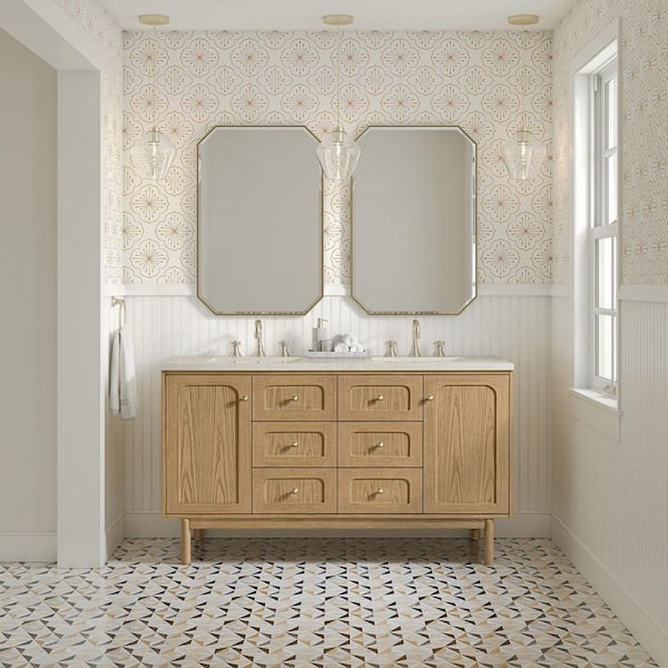 Laurent 60.0 in. Double Bath Vanity in Light Natural Oak with Siberian Wireless Charging Quartz Top