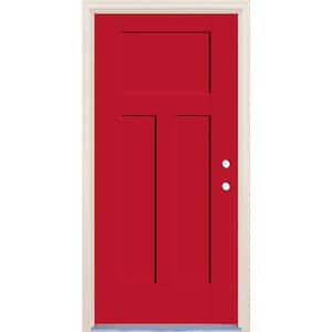 36 in. x 80 in. 3-Panel Craftsman Left-Hand Ruby Red Fiberglass Prehung Front Door w/4-9/16 in. Frame and Nickel Hinges