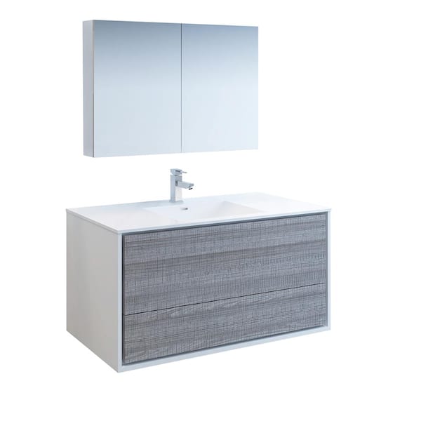 Fresca Catania 48 in. Modern Wall Hung Vanity in Ash Gray with Vanity Top in Glossy White with White Basin and Medicine Cabinet