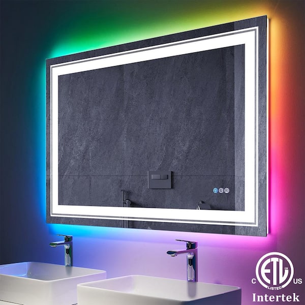 Apmir 48 in. W x 32 in. H Rectangular Frameless RGB Backlit & LED Frontlit Anti-Fog Tempered Glass Wall Bathroom Vanity Mirror