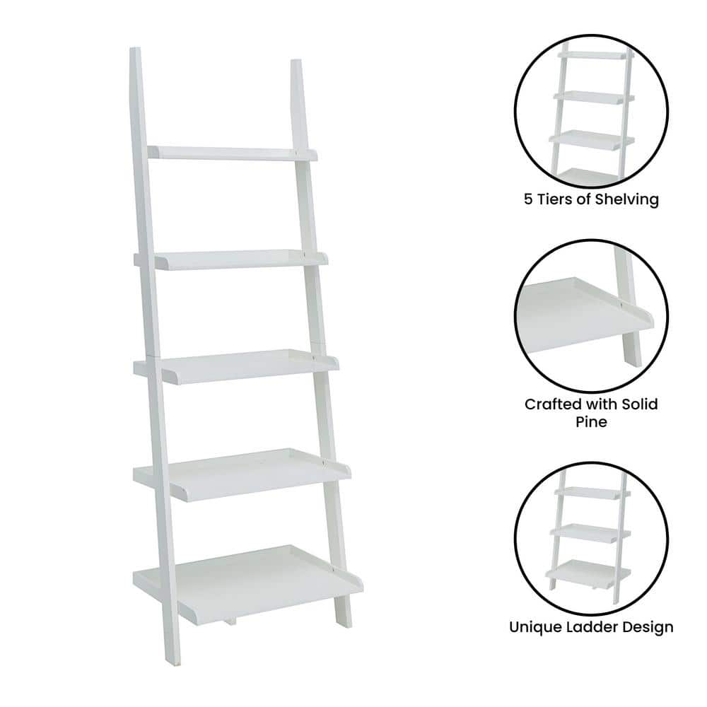 White Wooden Leaning Bookshelf Ladder with Five Shelves