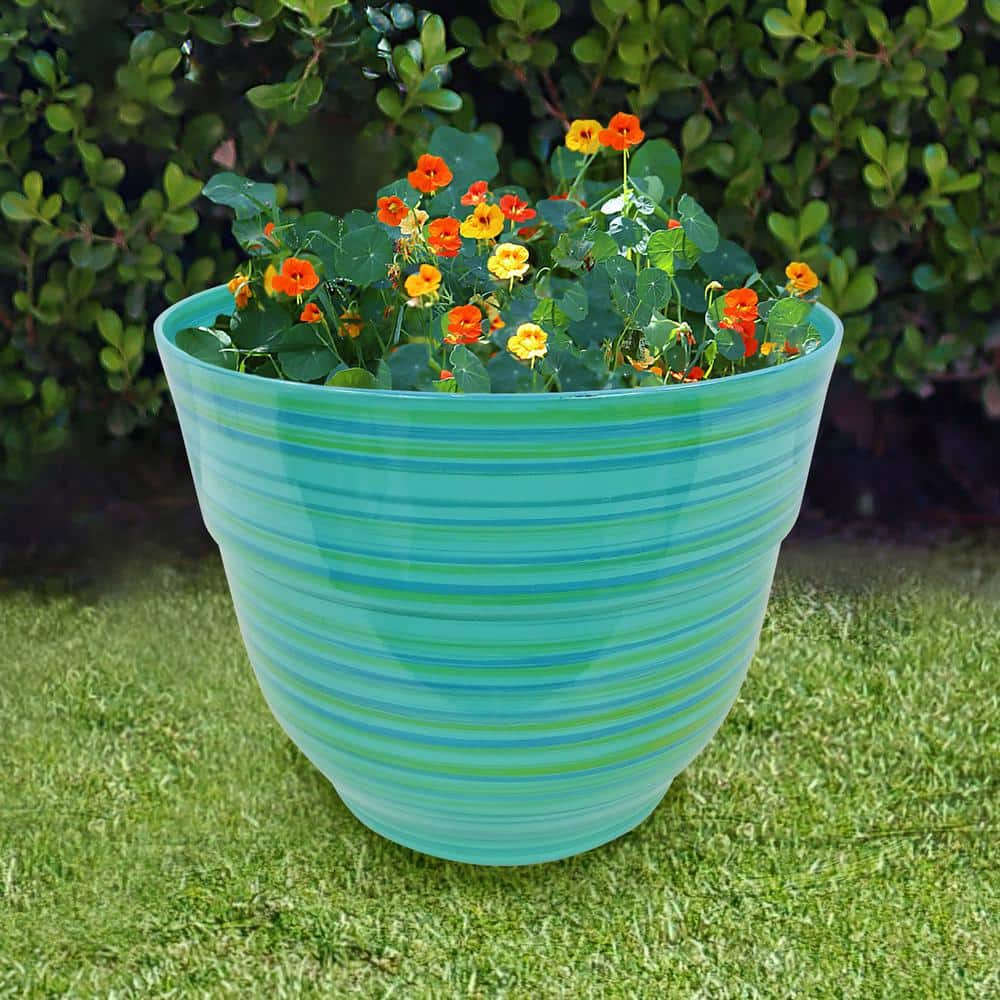 Turquoise and Green Striped Polypropylene Indoor Outdoor Planter, 13"