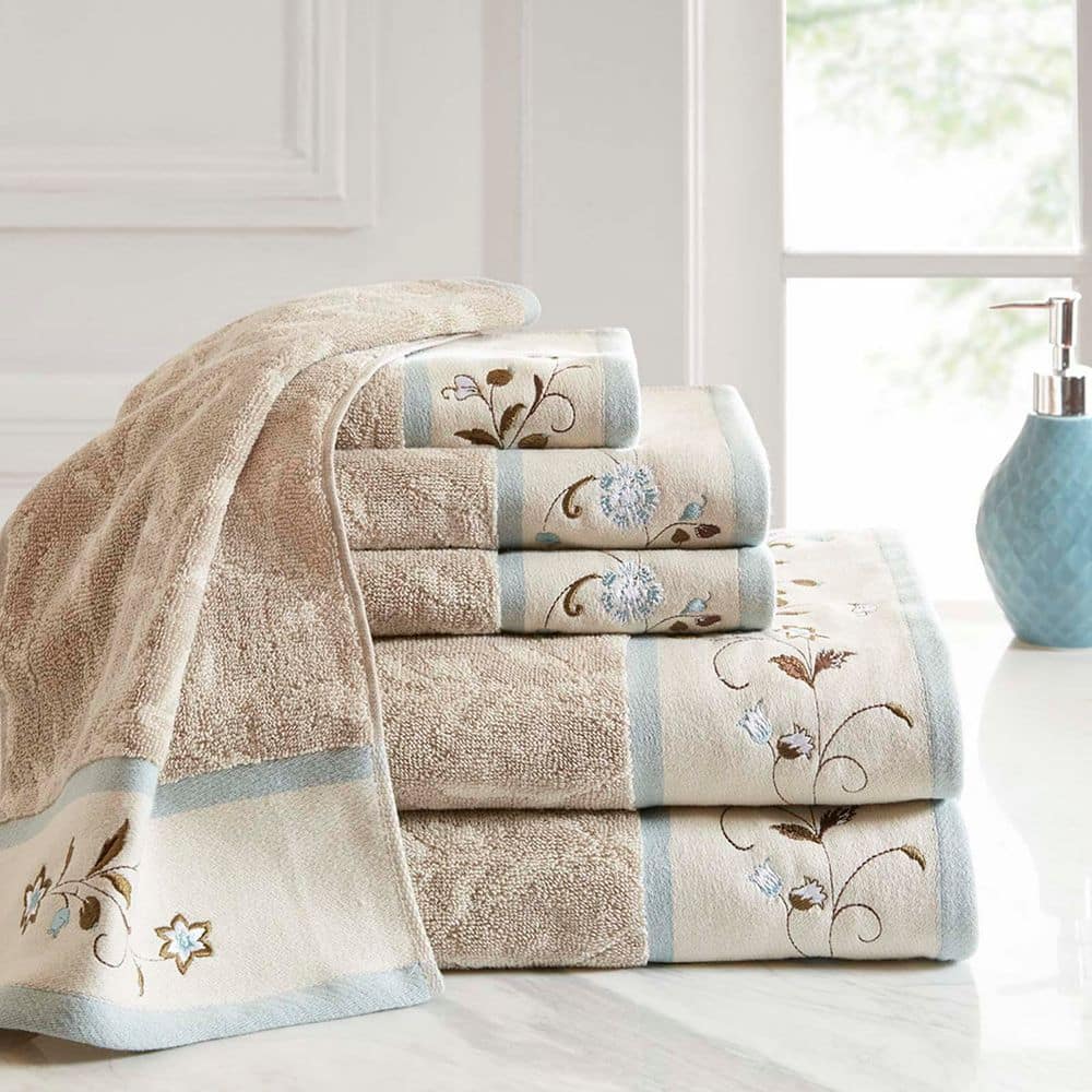 6-Piece Blue Embroidered Cotton Jacquard Towel Set for Bathroom, 2-Bath Tow