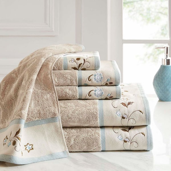 6-Piece Blue Embroidered Cotton Jacquard Towel Set for Bathroom, 2-Bath Towels, 2-Hand Towels and 2- Fingertip Towel Set