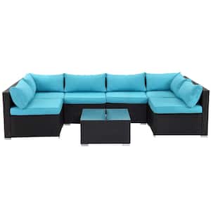 Black 7-Piece Rattan Polyethylene Resin Wicker Patio Conversation Set with Blue Cushions