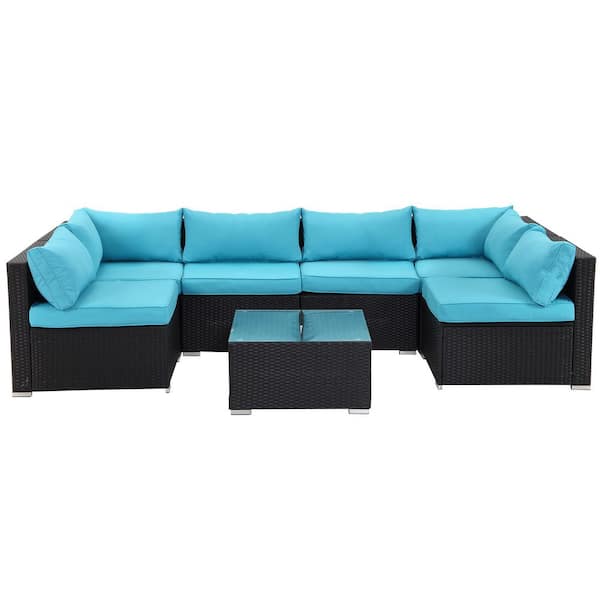 JUSKYS Black 7-Piece Rattan Polyethylene Resin Wicker Patio Conversation Set with Blue Cushions