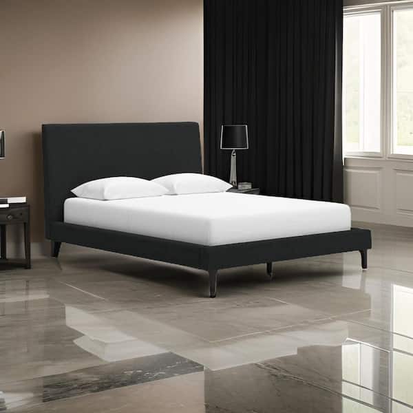 Benjara Mooran Black Engineered Wood Frame Queen Platform Bed with Upholstered Headboard