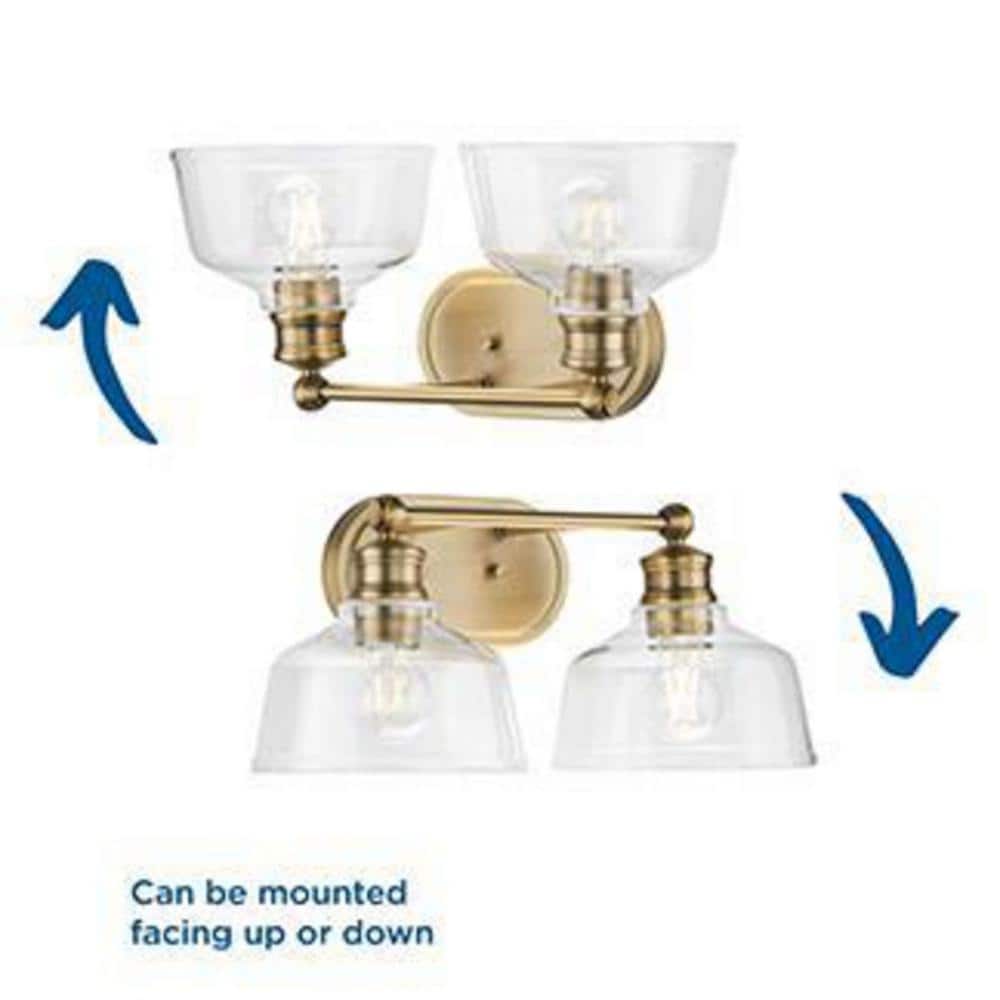 Vintage Brass Industrial 2-Light Vanity Fixture with Clear Glass Shades