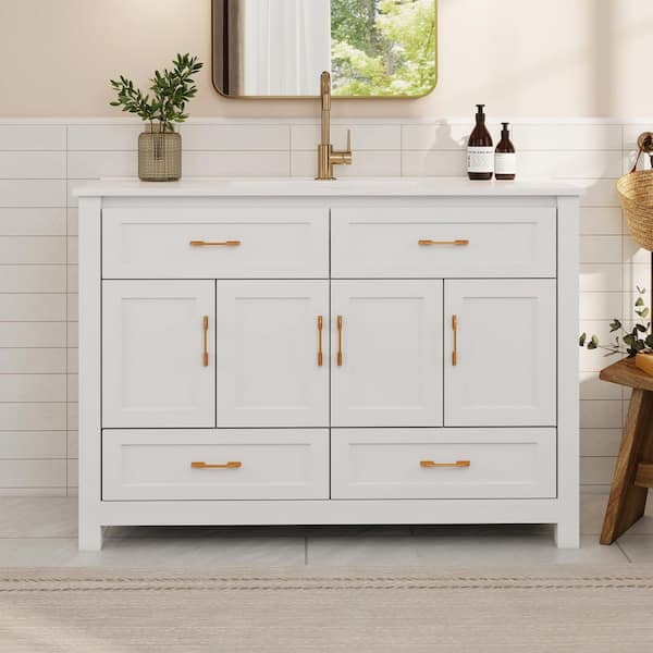 48 in. Single Sink 4 Doors 4 Drawers Freestanding White Bath Vanity with White Ceramic Top Unassembled