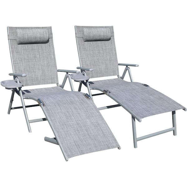 Unbranded Grey Adjustable Outdoor Chaise Lounge with Pillow for Poolside Backyard Set of 2