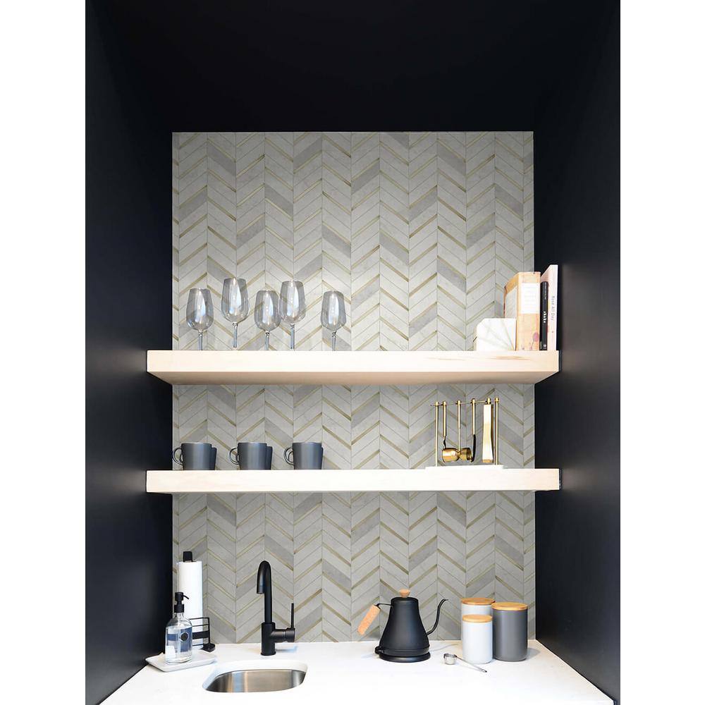 Metallic Gold and Pearl Gray Chevron Marble Peel and Stick Wallpaper