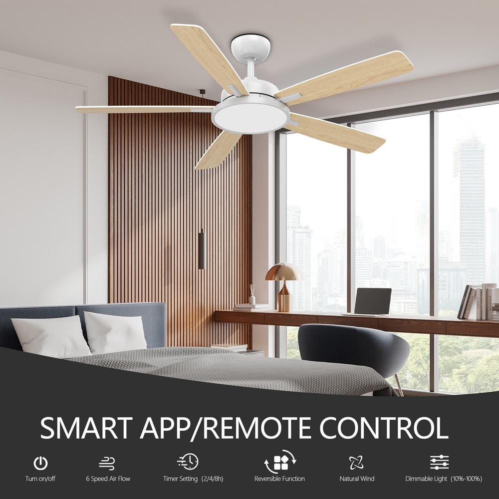52-Inch White and Light Brown Smart Ceiling Fan with LED Light and Remote