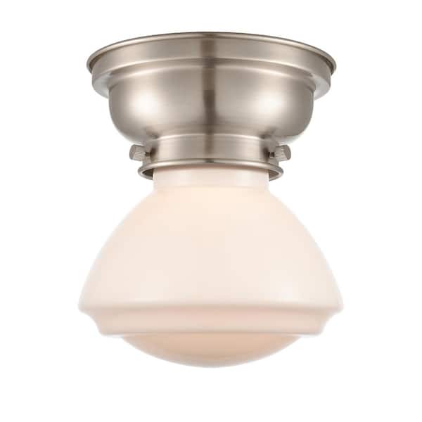 Olean 6.75 in. 1-Light Brushed Satin Nickel Industrial Flush Mount with Seeded Glass Shade