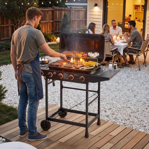 534 sq. in. 4-Burner Propane Gas Grill with Side Burner, Stainless Steel Outdoor BBQ with Wheels and Side Tables, Black