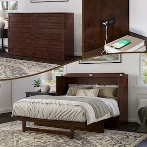 Alpine Walnut Brown Wood Frame Queen Murphy Bed Chest with Mattress, Storage Drawer, and Built-in Charging Station