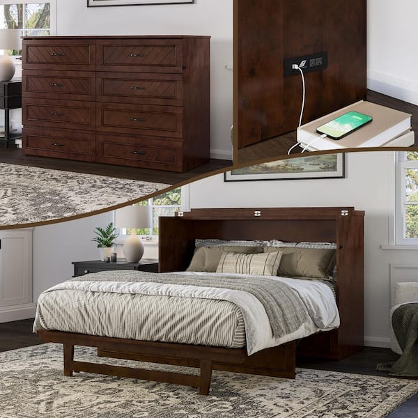AFI Alpine Walnut Brown Wood Frame Queen Murphy Bed Chest with Mattress, Storage Drawer, and Built-in Charging Station