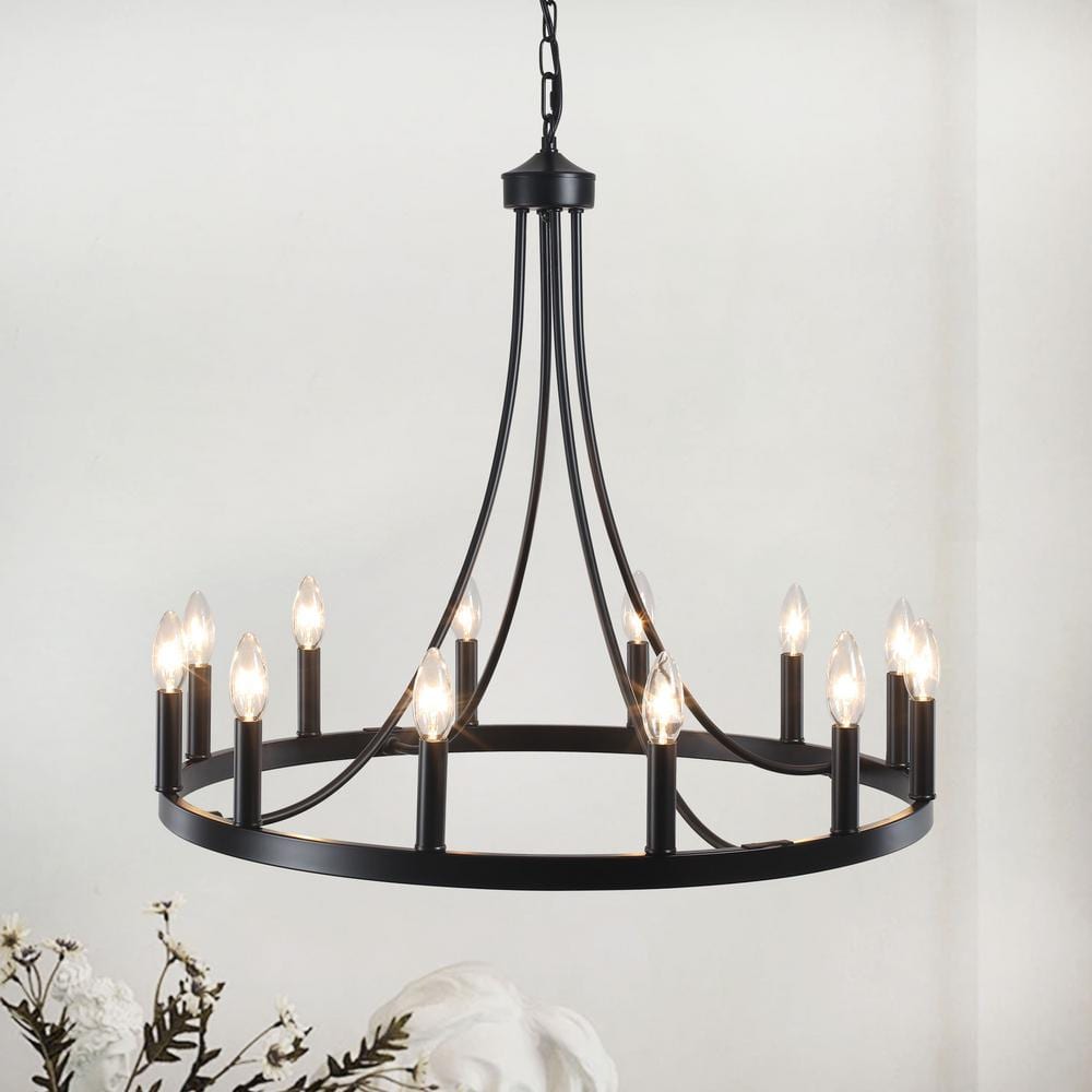 ZJVAIVE 12-Light Matte Black Wagon Wheel Chandelier For Living Room ...