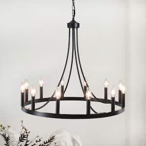 12-Light Matte Black Wagon Wheel Chandelier for Living Room Dinning Room with No Bulbs Included