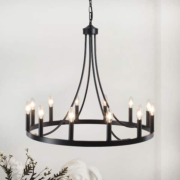 12-Light Matte Black Wagon Wheel Chandelier for Living Room Dinning Room with No Bulbs Included