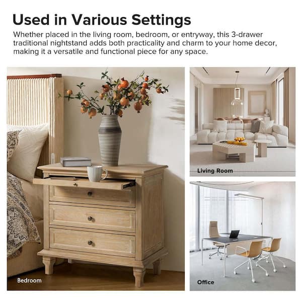 JAYDEN CREATION Julia Natural 27 in. H Traditional 3-Drawer Solid
