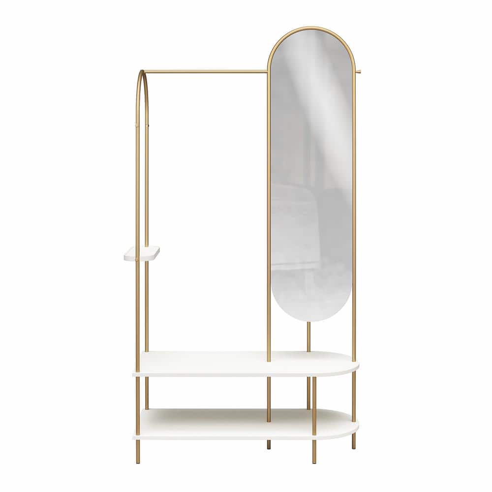 White and Gold Metal Valet Stand with Mirror