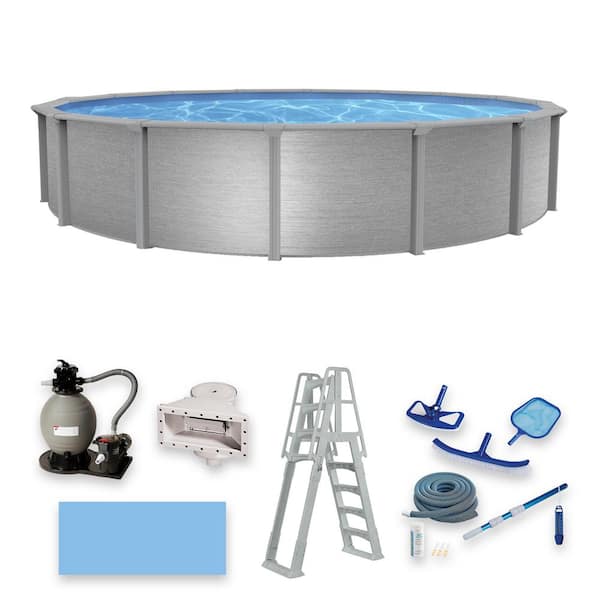 Blue Wave Montauk Pool Package - 24 ft. Round 52 in. Deep 7 in. Top Rail Hybrid