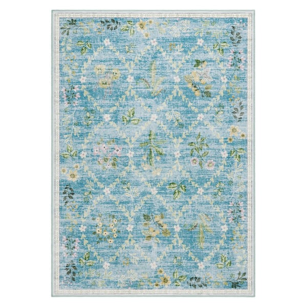 EVERWASH Haven 5 ft. x 7 ft. Blue Floral Trellis Washable Area Rug