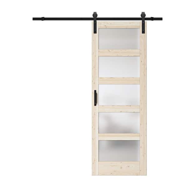 ARK DESIGN 30 in. x 84 in. 5-Lite Tempered Frosted Glass and Solid Pine Wood Unfinished Barn Door Slab with Hardware Kit