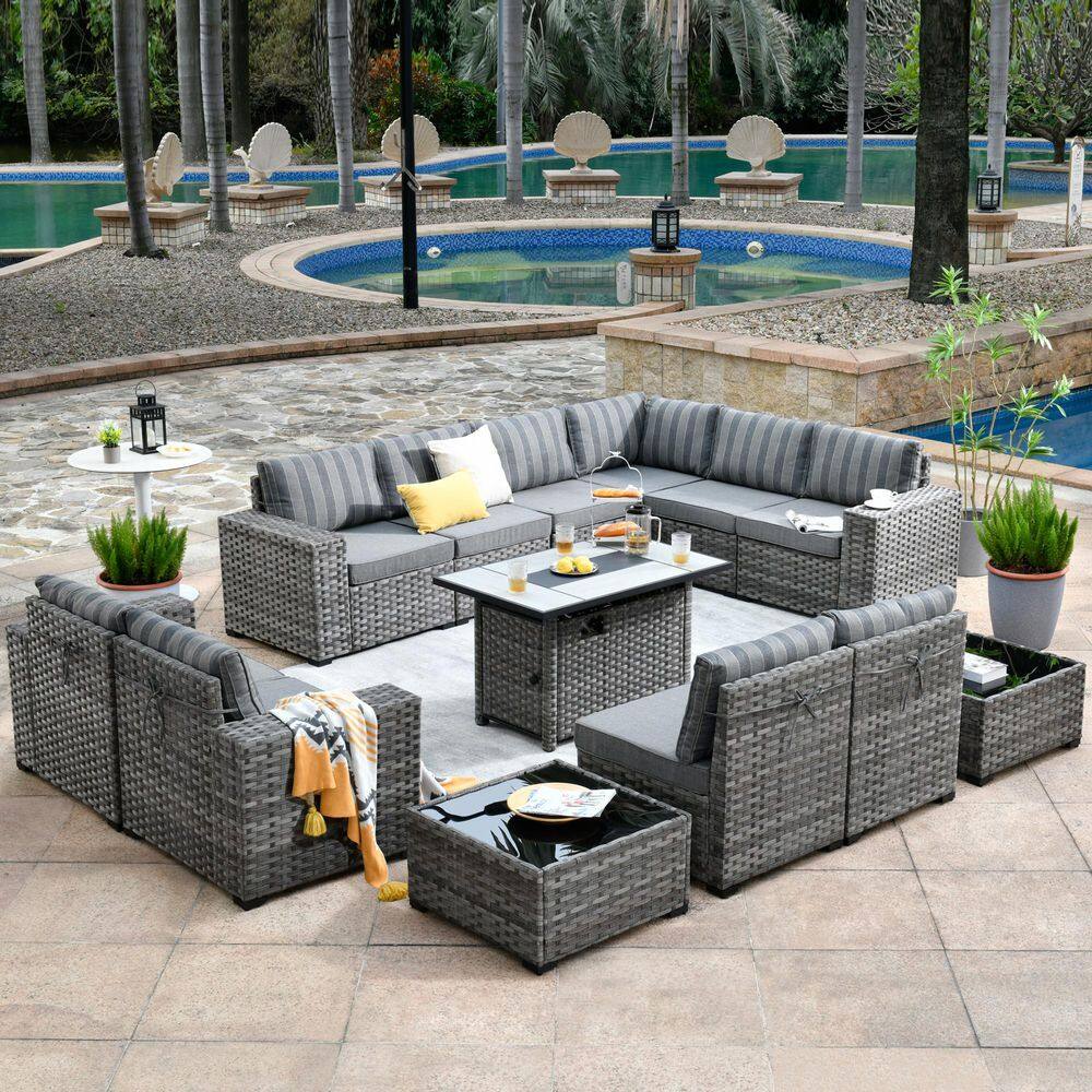 Marlton 13-Piece Gray Wicker Outdoor Sofa Set with Fire Pit