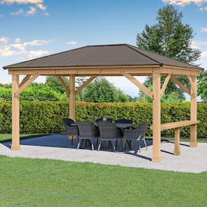 Meridian 12 ft. x 16 ft. Premium Cedar Outdoor Patio Shade Gazebo with a 12 ft. Bar Counter and Brown Aluminum Roof