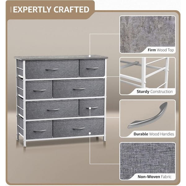 Dark Grey 8 Drawer Fabric Dresser with Side Pockets