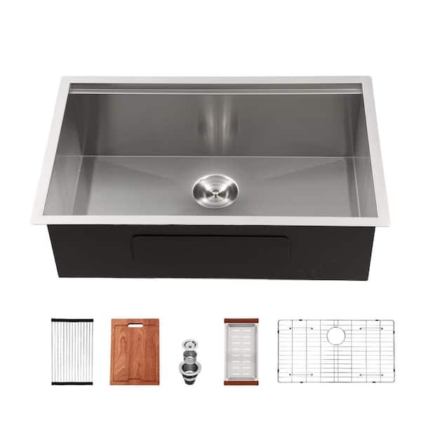 Sarlai 28 in. Undermount Single Bowl 16 Gauge Stainless Steel Workstation Kitchen Sink with Bottom Grid