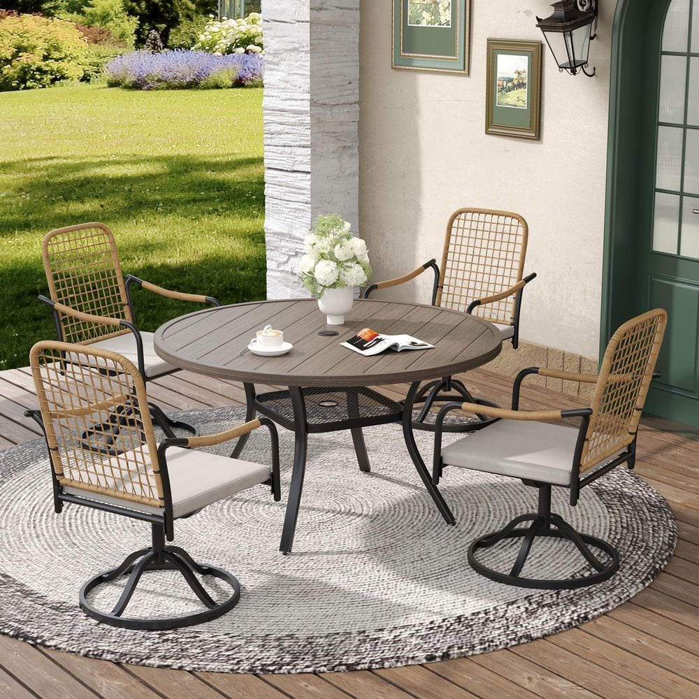 5-Piece Metal Outdoor Dining Set with 47.2 in. Gray Wood-Like Round Table and 4 Swivel Wicker Chairs with Beige Cushions price history on PriceWatchPro