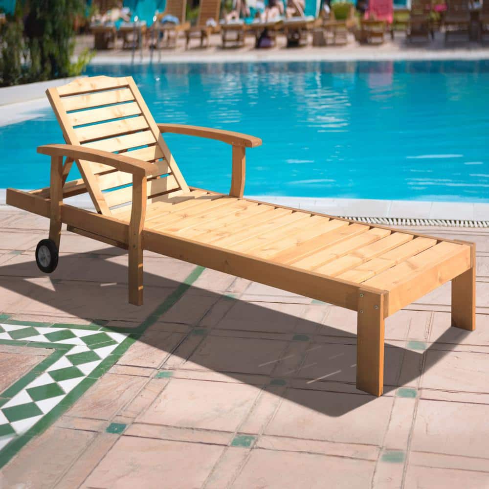 VEIKOUS Oversized Wood Color Wood Outdoor Chaise Lounge Chair with Wheels and PullOut Tray