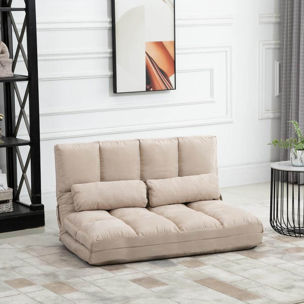 Beige Tufted Metal Full Sleeper Sofa with Pillows
