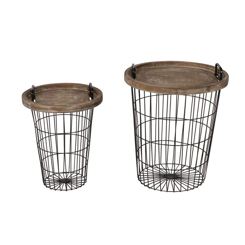 Rustic Brown and Black Round Wood & Metal Nesting End Tables, 2-Piece Set